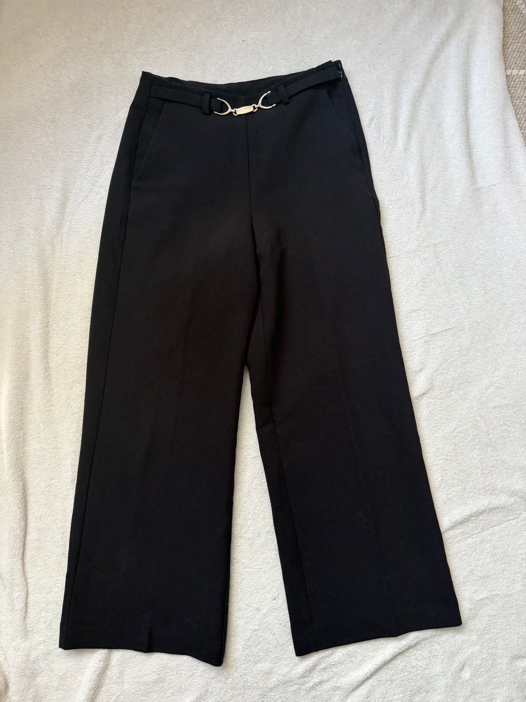 Pantalon noir taille haute jambes larges ceinture anneaux style corporate goth office siren Y2K - taille S