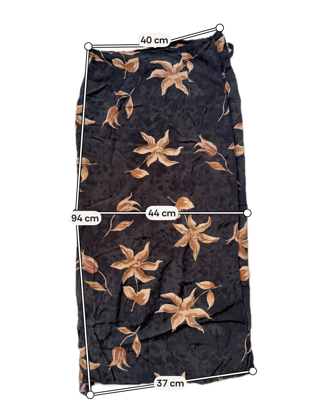 Jupe midi portefeuille noire imprimé floral witchy 90s - taille S/M