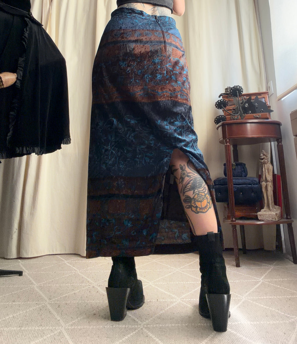 Jupe maxi velours à motifs paisley bleu nuit et marron – taille S