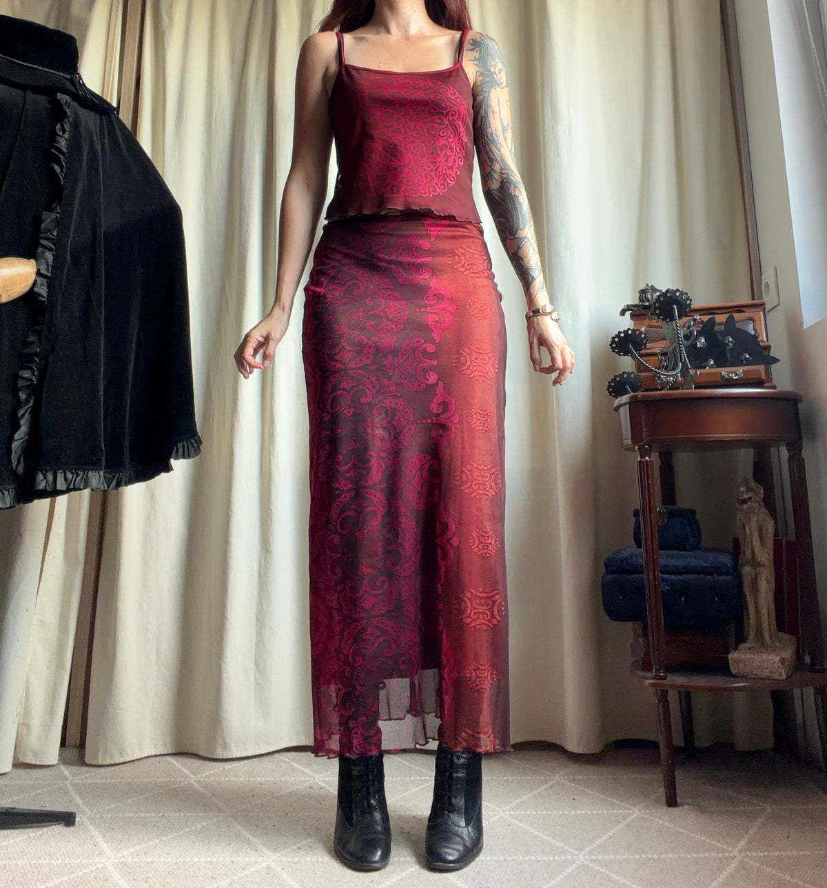 Set jupe longue + top bordeaux mesh baroque style whimsigoth – taille S