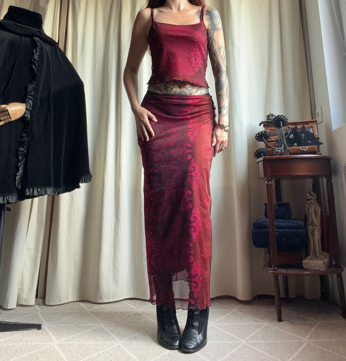 Set jupe longue + top bordeaux mesh baroque style whimsigoth – taille S