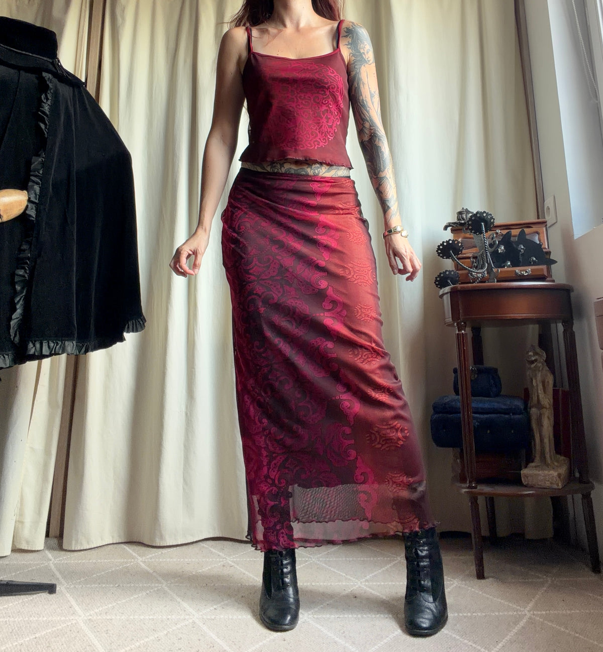 Set jupe longue + top bordeaux mesh baroque style whimsigoth – taille S