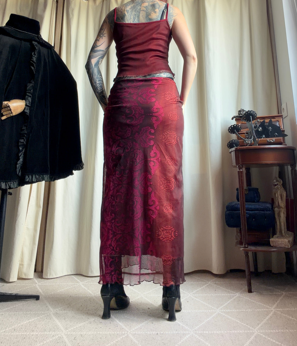 Set jupe longue + top bordeaux mesh baroque style whimsigoth – taille S
