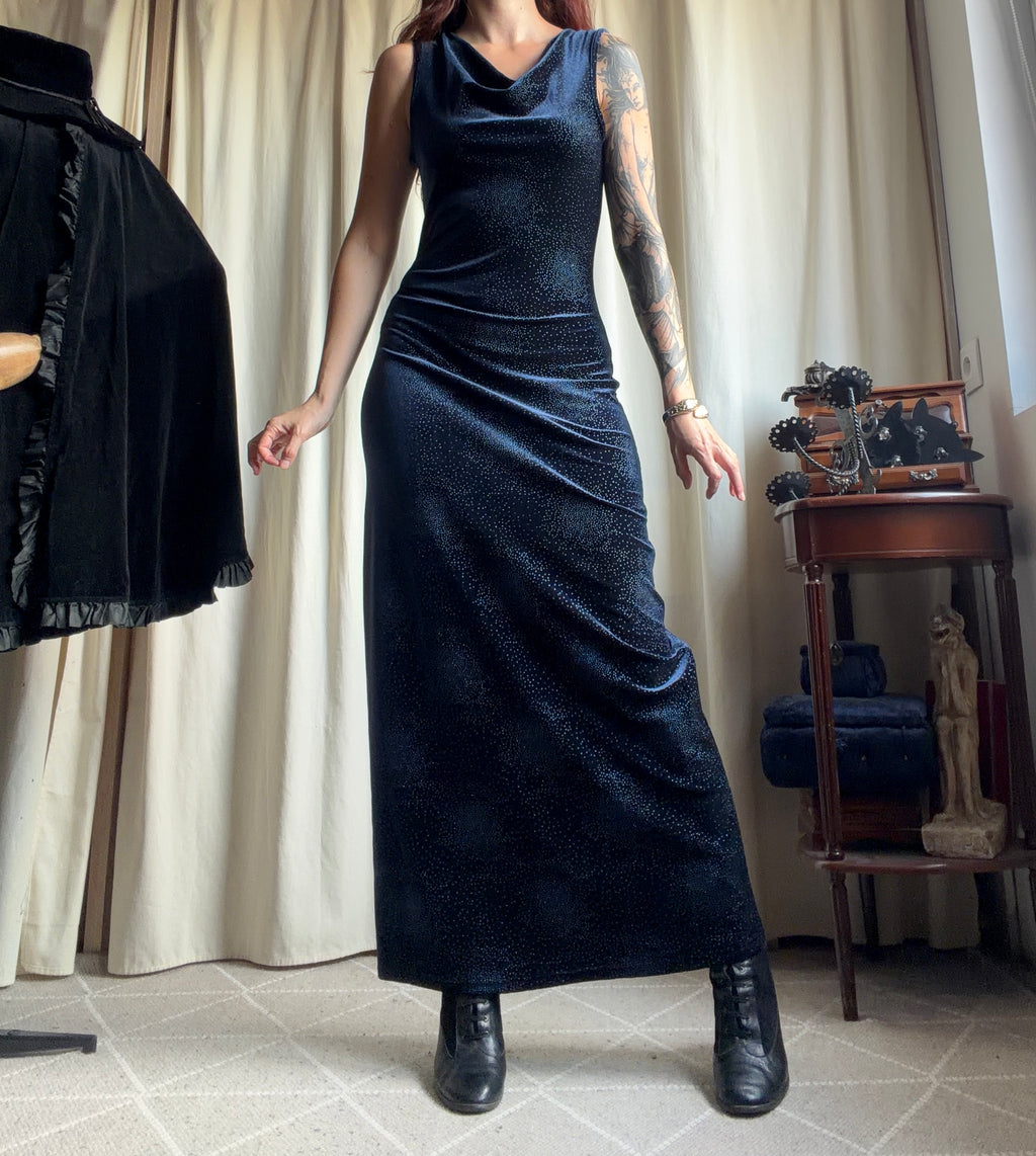 Robe longue bleu nuit velours pailleté avec col drapé – taille M/L