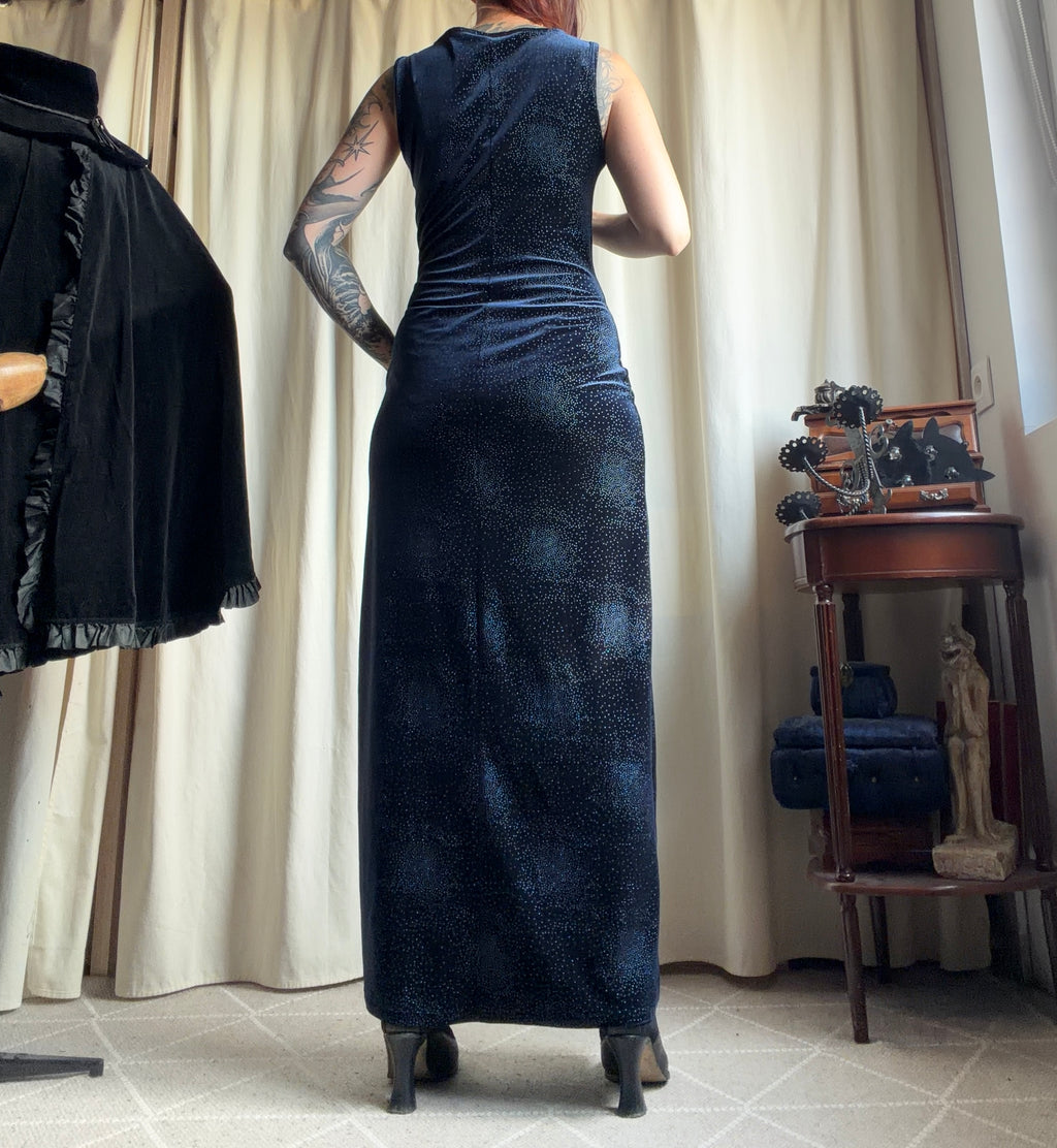 Robe longue bleu nuit velours pailleté avec col drapé – taille M/L