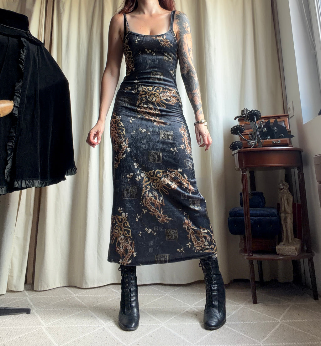 Long grey velvet dress with golden Asian dragon pattern – size XS/S