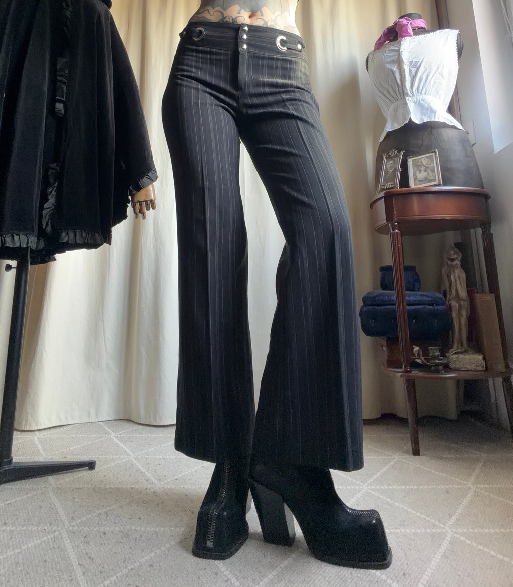 Pantalon noir rayé taille basse à anneaux style office siren 00s - taille M