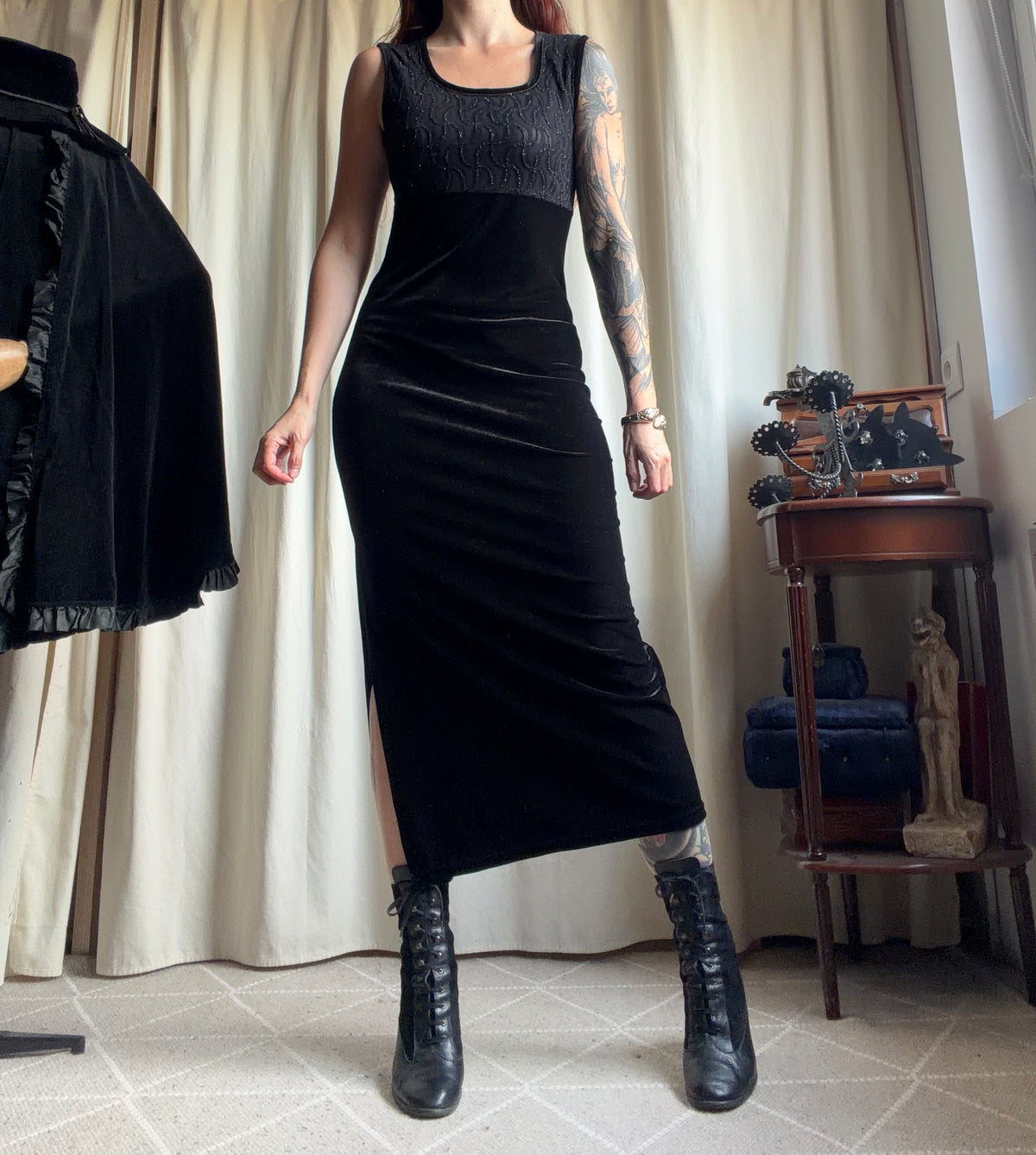 Robe longue velours noir buste pailleté texturé – goth glamour 90s Y2K – taille S/M