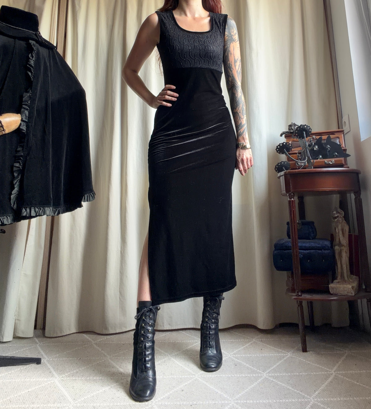 Robe longue velours noir buste pailleté texturé – goth glamour 90s Y2K – taille S/M