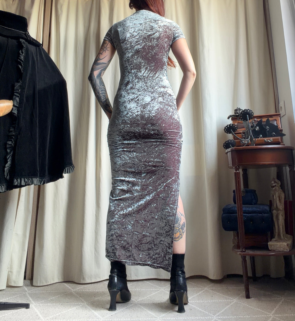 Robe longue velours argenté reflets bordeaux fendue – goth glam 90s Y2K – taille S