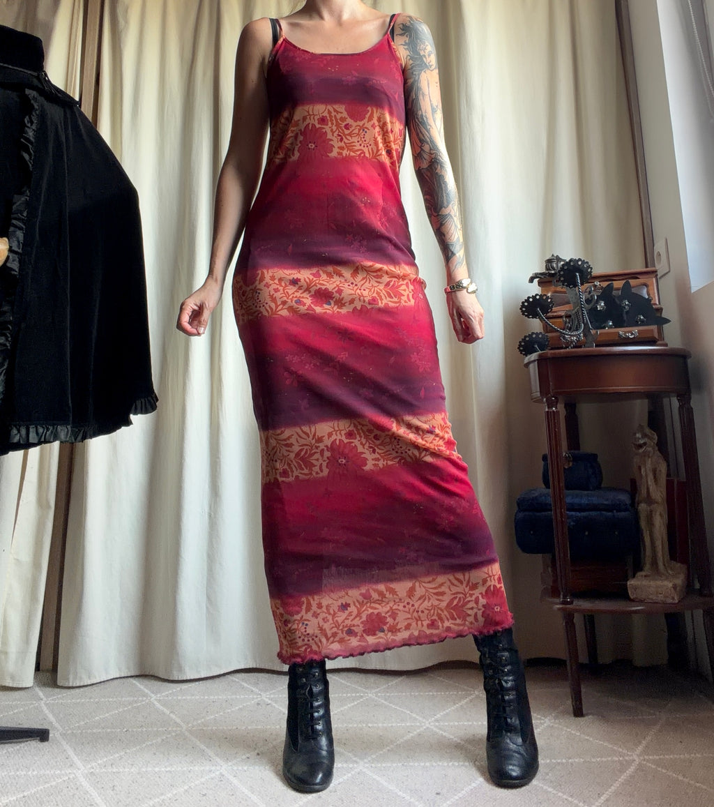 Robe longue orange/bordeaux avec imprimé floral – taille S/M