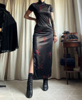 Long black qipao dress with red floral gothic 90s style – size S/M
