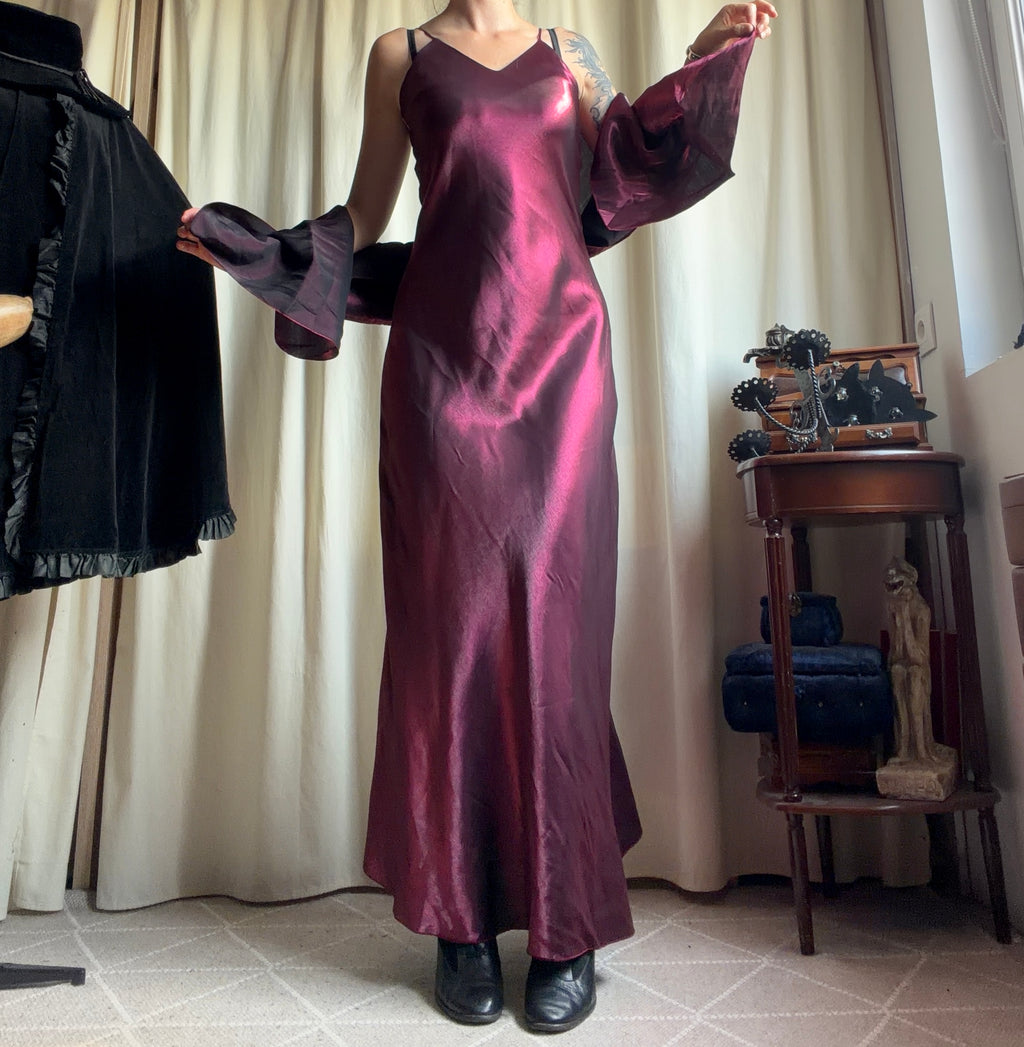Satin burgundy/raspberry long dress with stole, 90s prom night style – size S/M