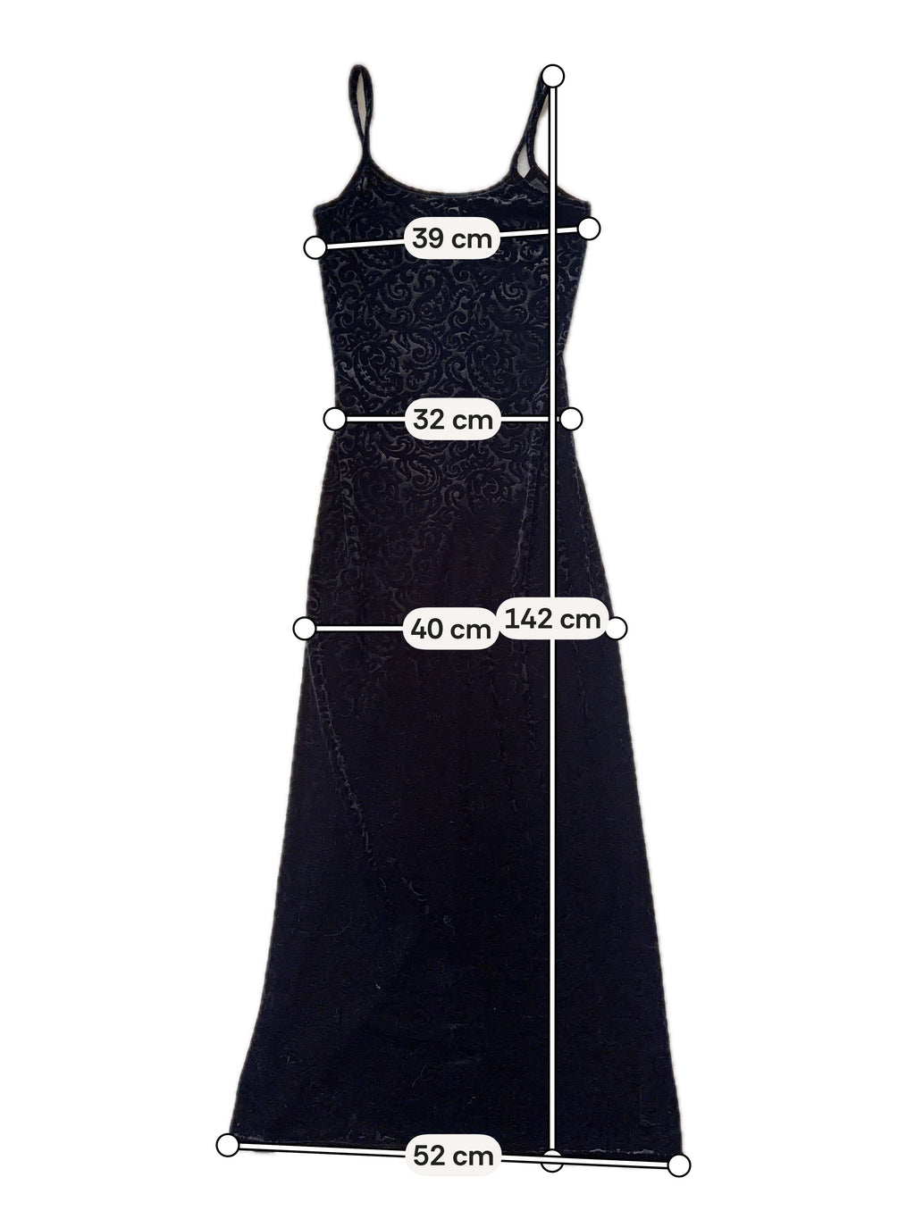 Black velvet long dress with arabesques, 90s goth vampire style - size S
