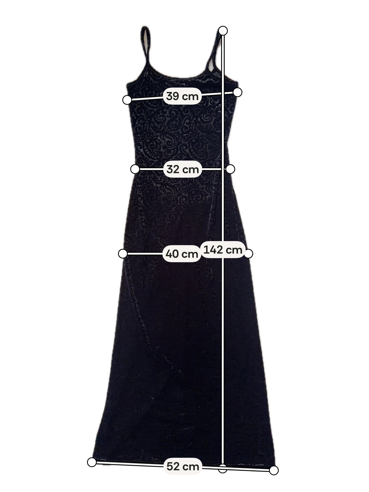 Black velvet long dress with arabesques, 90s goth vampire style - size S