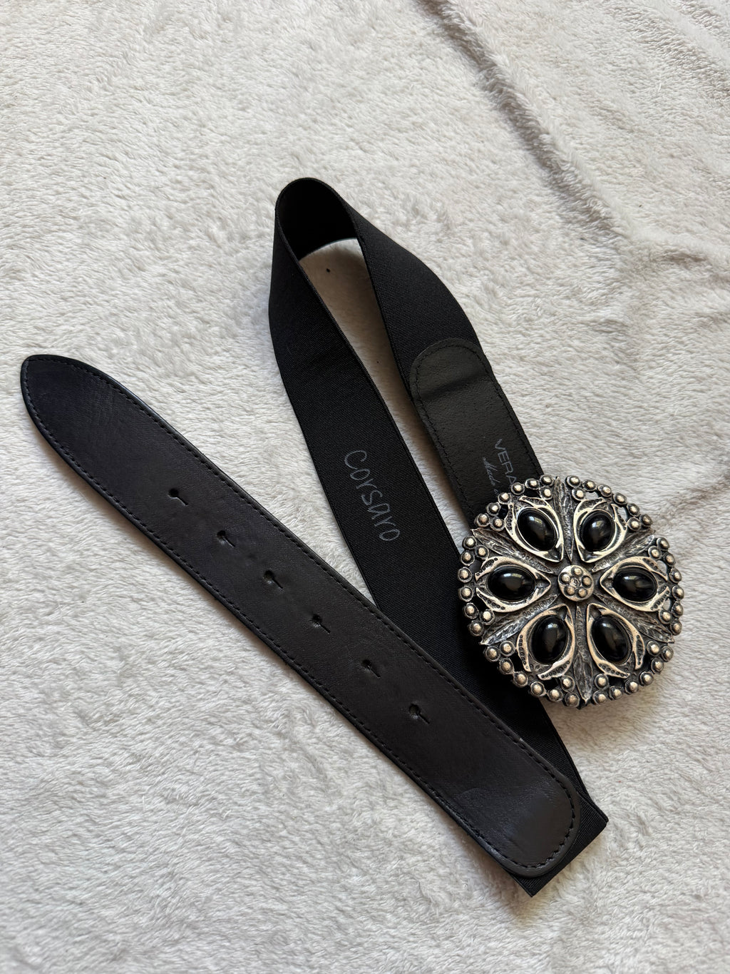 Ceinture cuir noir boucle bijoux argentée cabochons noirs vintage goth – taille ajustable