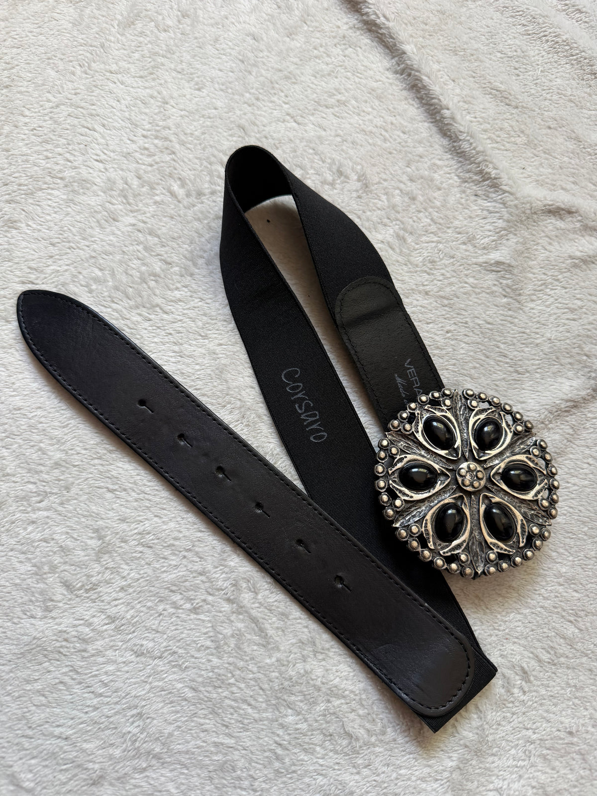 Ceinture cuir noir boucle bijoux argentée cabochons noirs vintage goth – taille ajustable