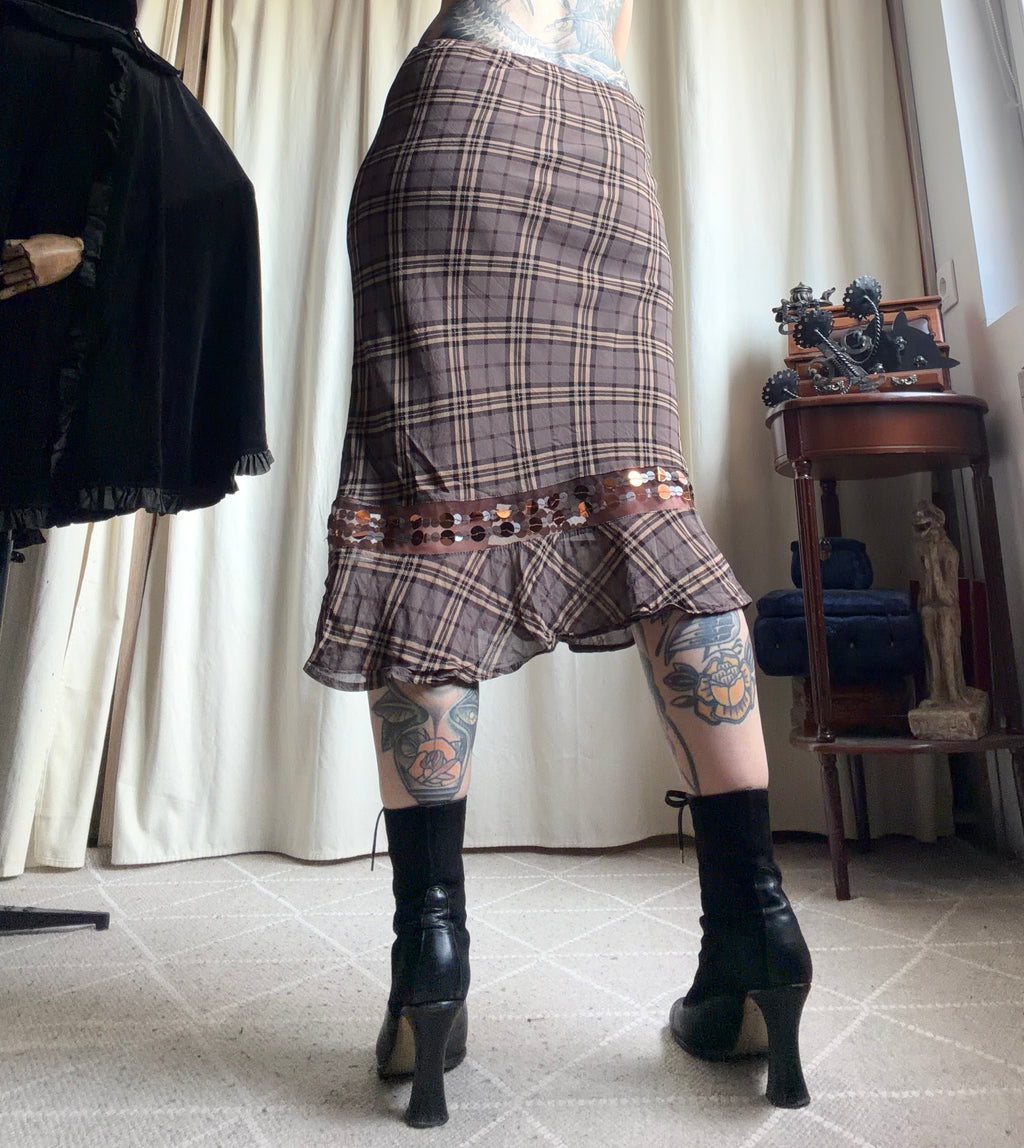 Jupe Maje marron à carreaux sequins et volant  – taille S/M