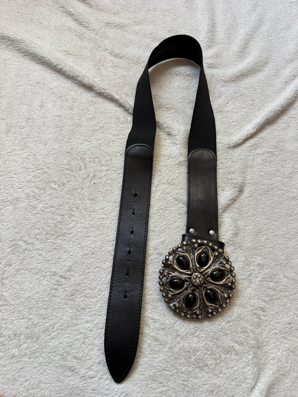 Ceinture cuir noir boucle bijoux argentée cabochons noirs vintage goth – taille ajustable