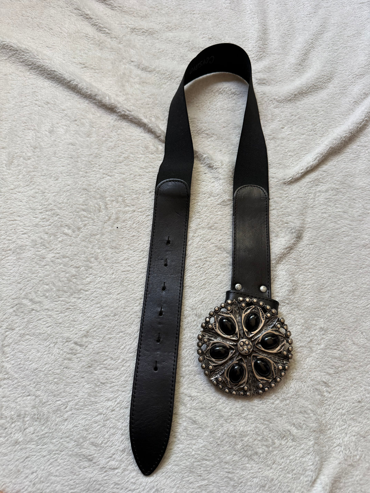 Ceinture cuir noir boucle bijoux argentée cabochons noirs vintage goth – taille ajustable