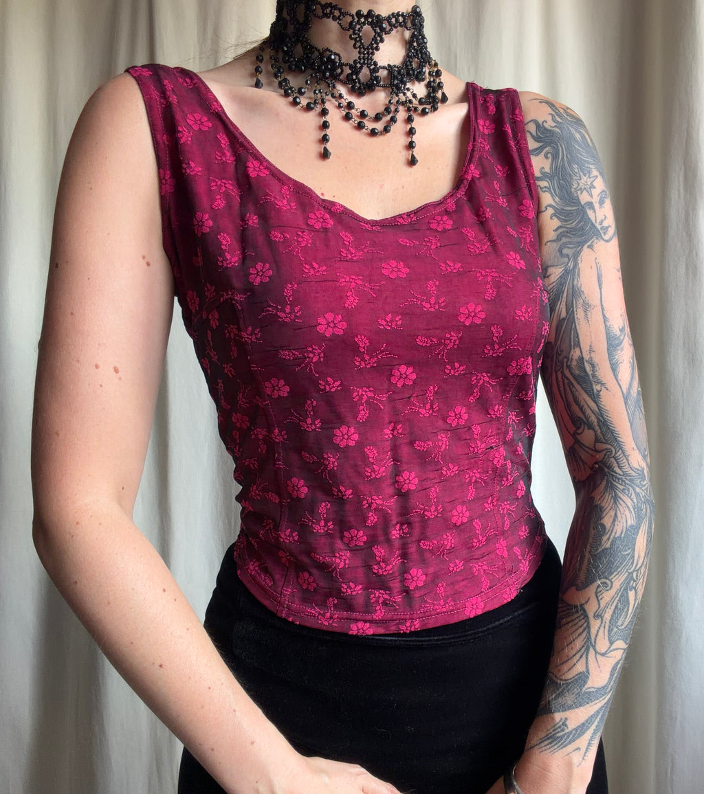 Top corset bordeaux motifs floraux roses – taille L