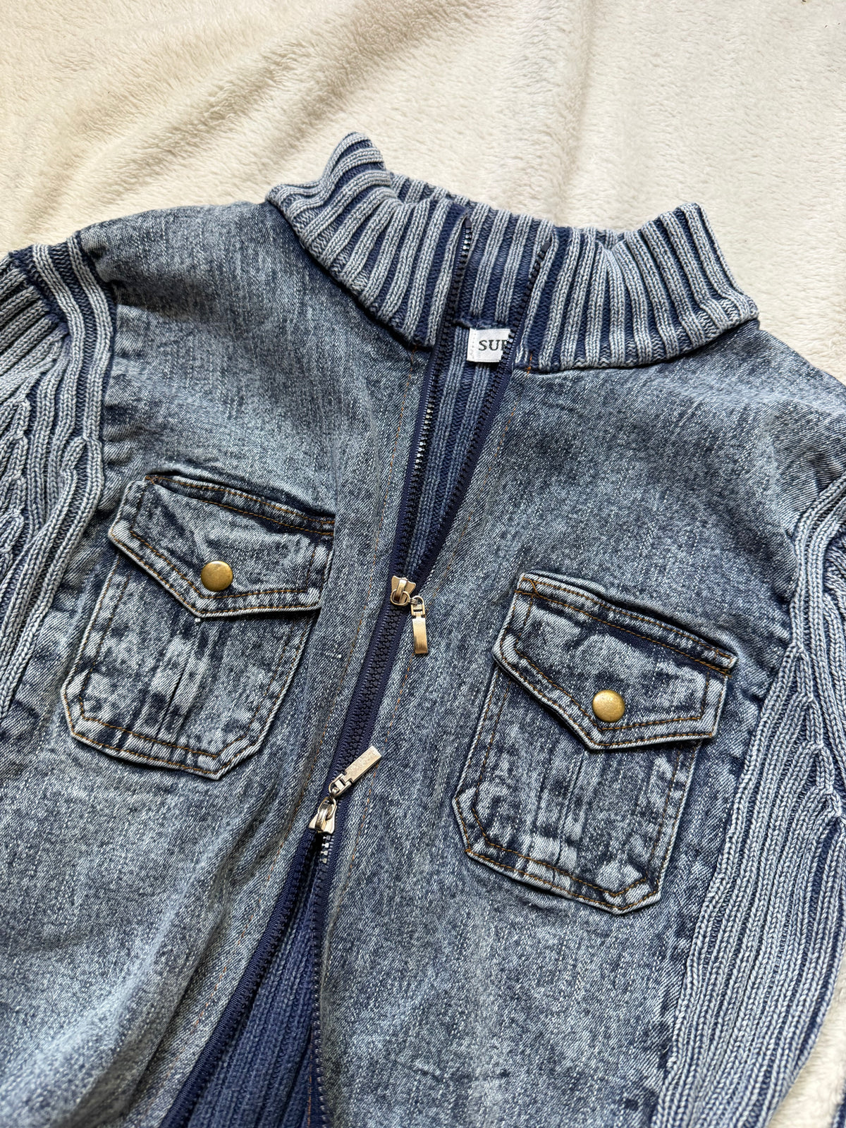 Veste zippée denim et maille côtelée style mall goth cyber y2k - taille M/L