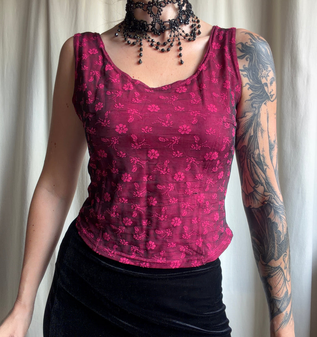Top corset bordeaux motifs floraux roses – taille L