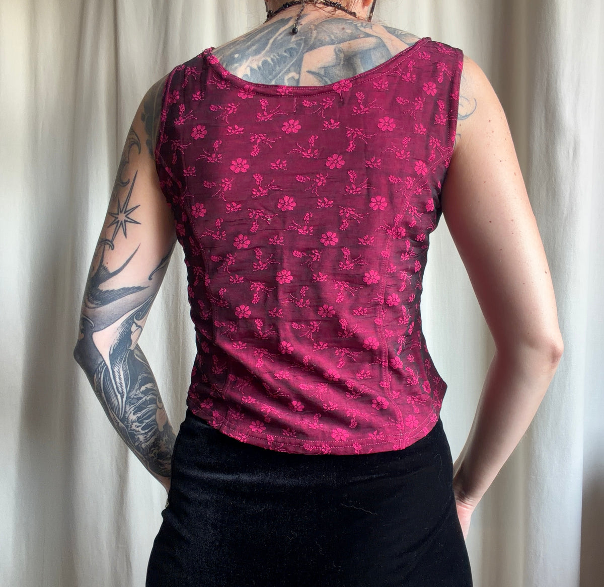 Burgundy corset top with pink floral patterns – size L