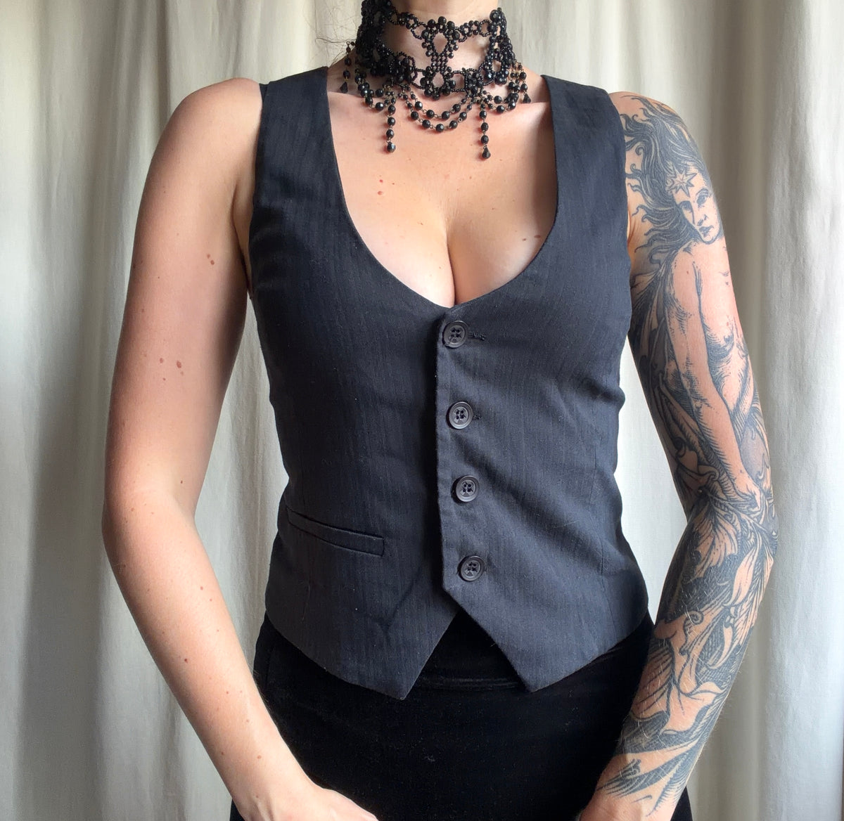 Gilet de costume boutonné gris/noir cintré y2k – taille S