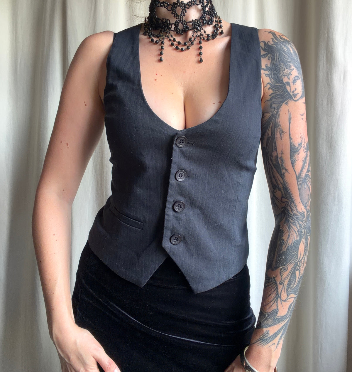 Gilet de costume boutonné gris/noir cintré y2k – taille S