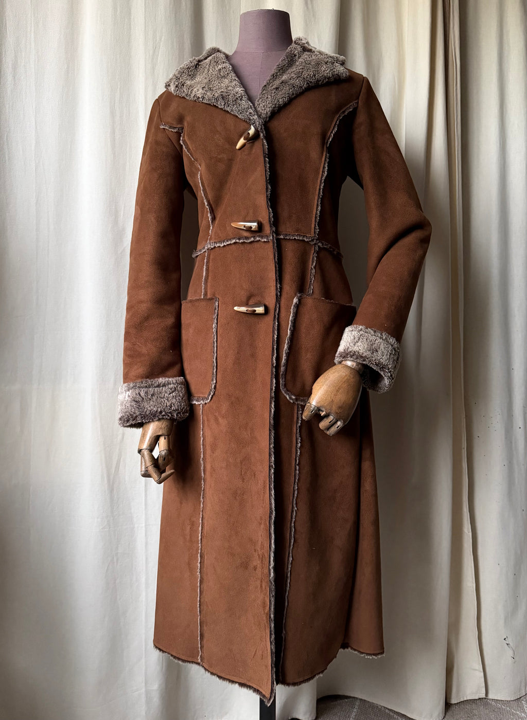 70s Brown Faux Shearling Long Coat - size M