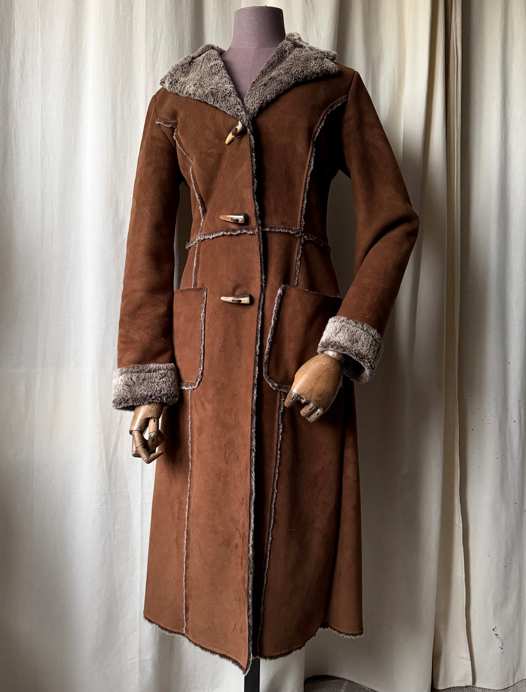 70s Brown Faux Shearling Long Coat - size M