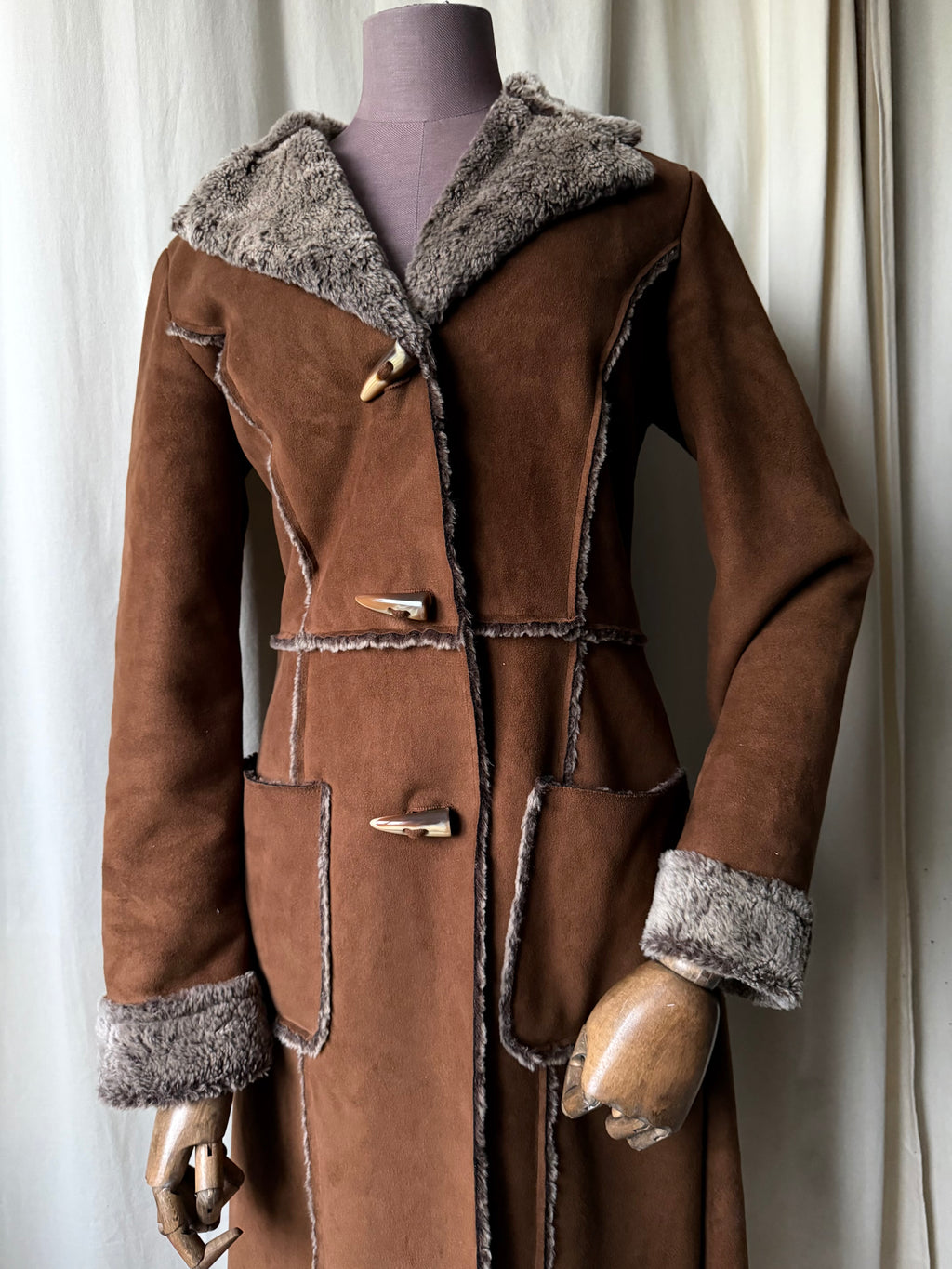 70s Brown Faux Shearling Long Coat - size M