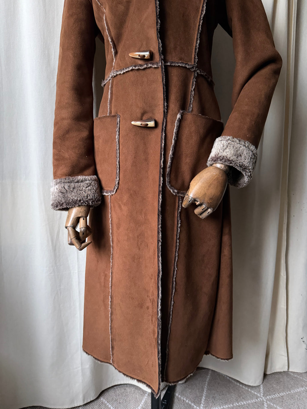 70s Brown Faux Shearling Long Coat - size M