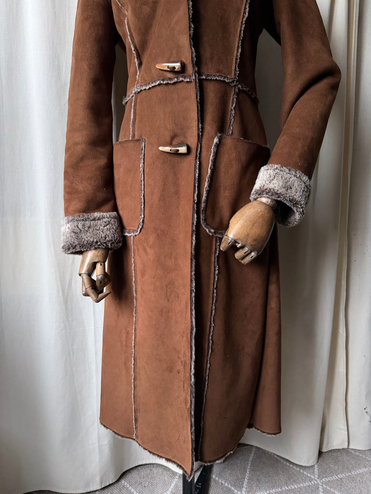 70s Brown Faux Shearling Long Coat - size M