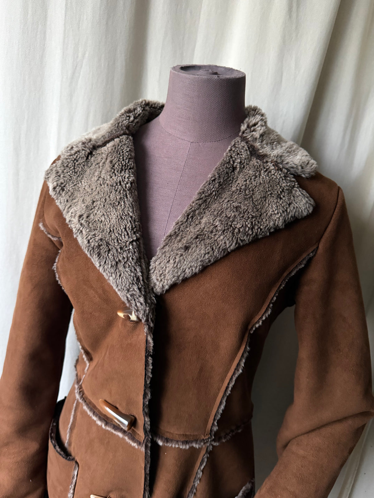 70s Brown Faux Shearling Long Coat - size M