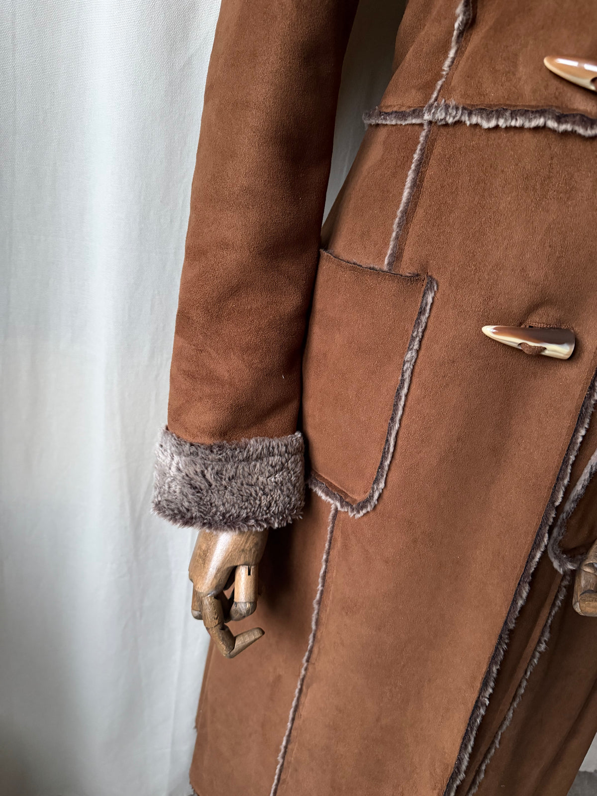 70s Brown Faux Shearling Long Coat - size M