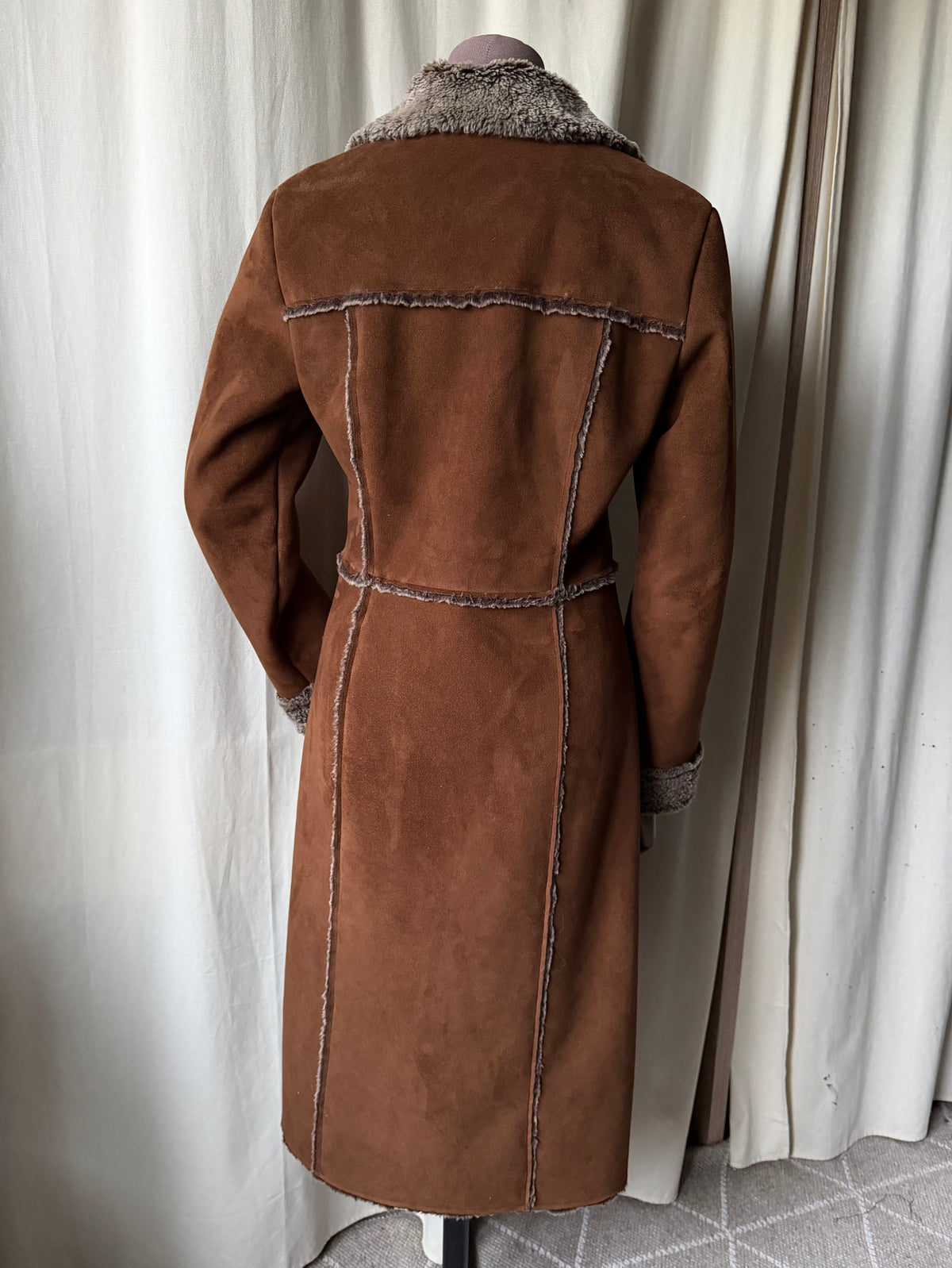 70s Brown Faux Shearling Long Coat - size M