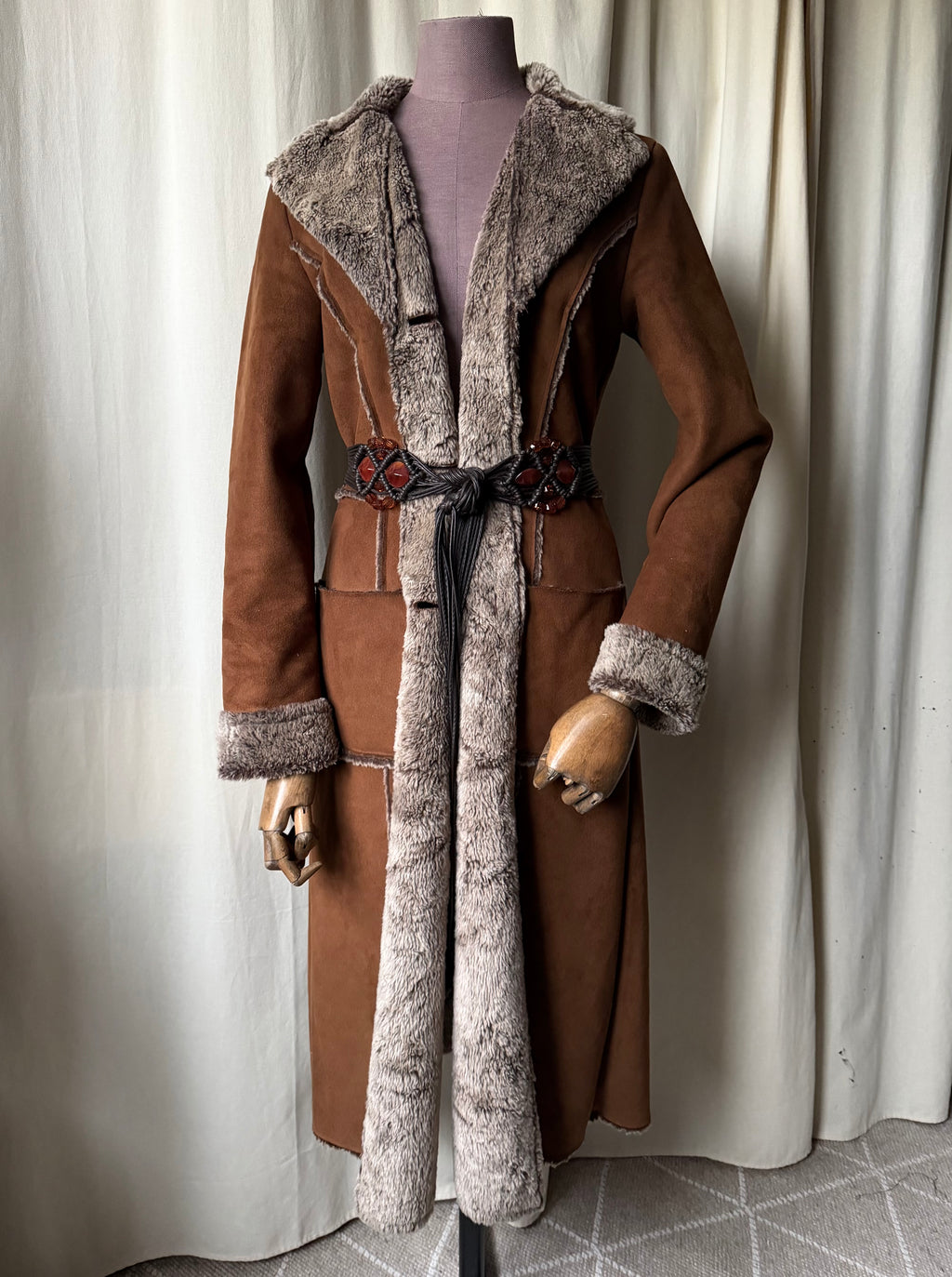 70s Brown Faux Shearling Long Coat - size M
