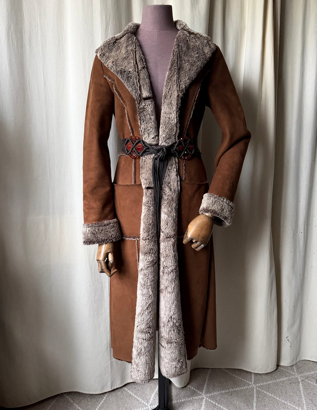 70s Brown Faux Shearling Long Coat - size M