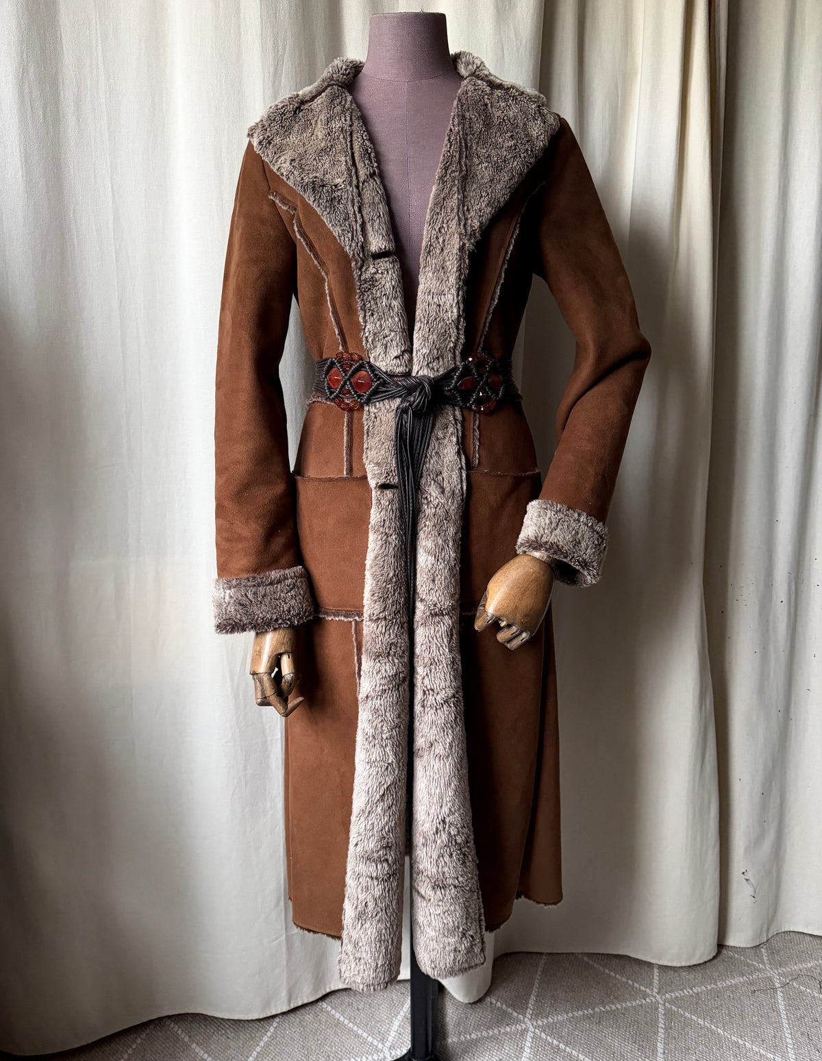 70s Brown Faux Shearling Long Coat - size M