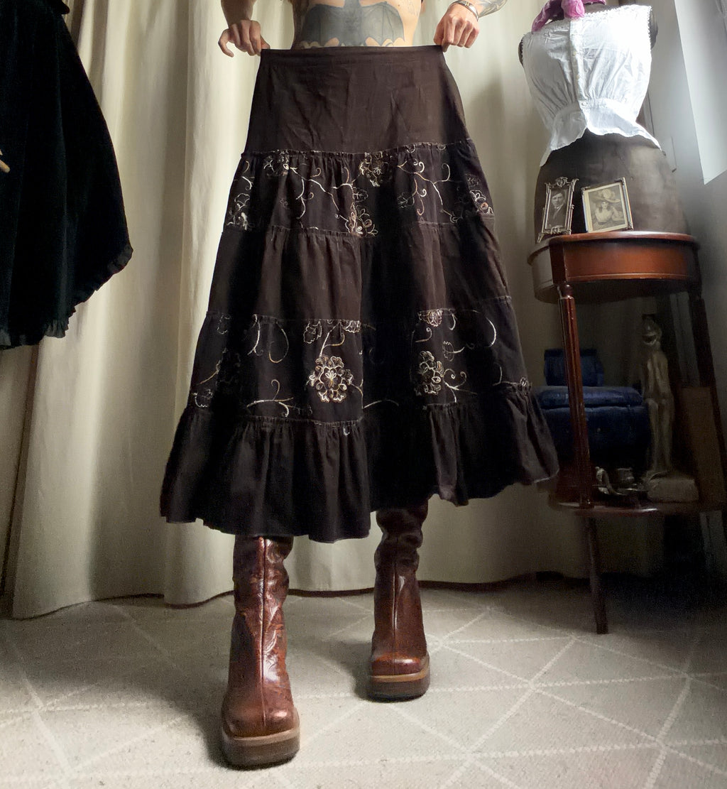 Long brown velvet skirt with floral embroidery whimsigoth boho goth style - size L/XL