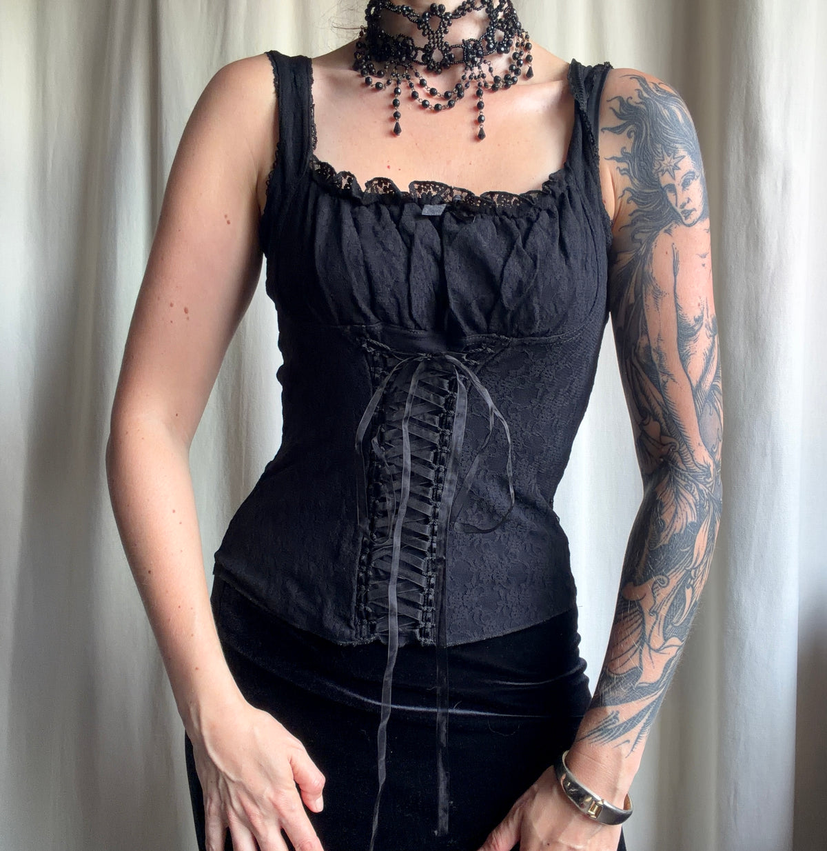 Vampy Goth Black Lace-Up Ribbon Corset Top – Size S/M