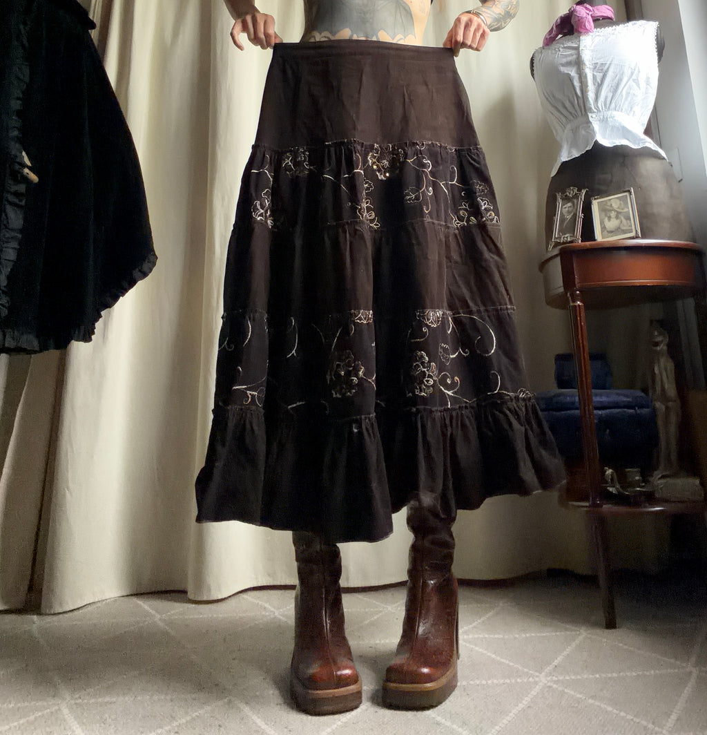 Long brown velvet skirt with floral embroidery whimsigoth boho goth style - size L/XL