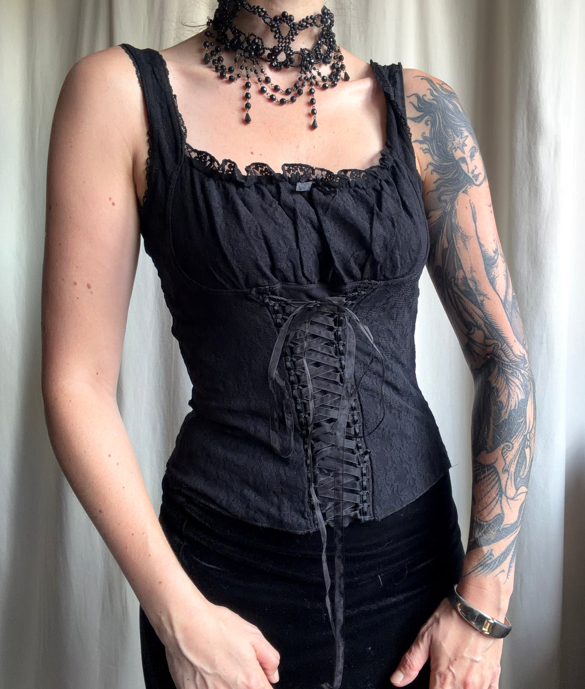 Vampy Goth Black Lace-Up Ribbon Corset Top – Size S/M
