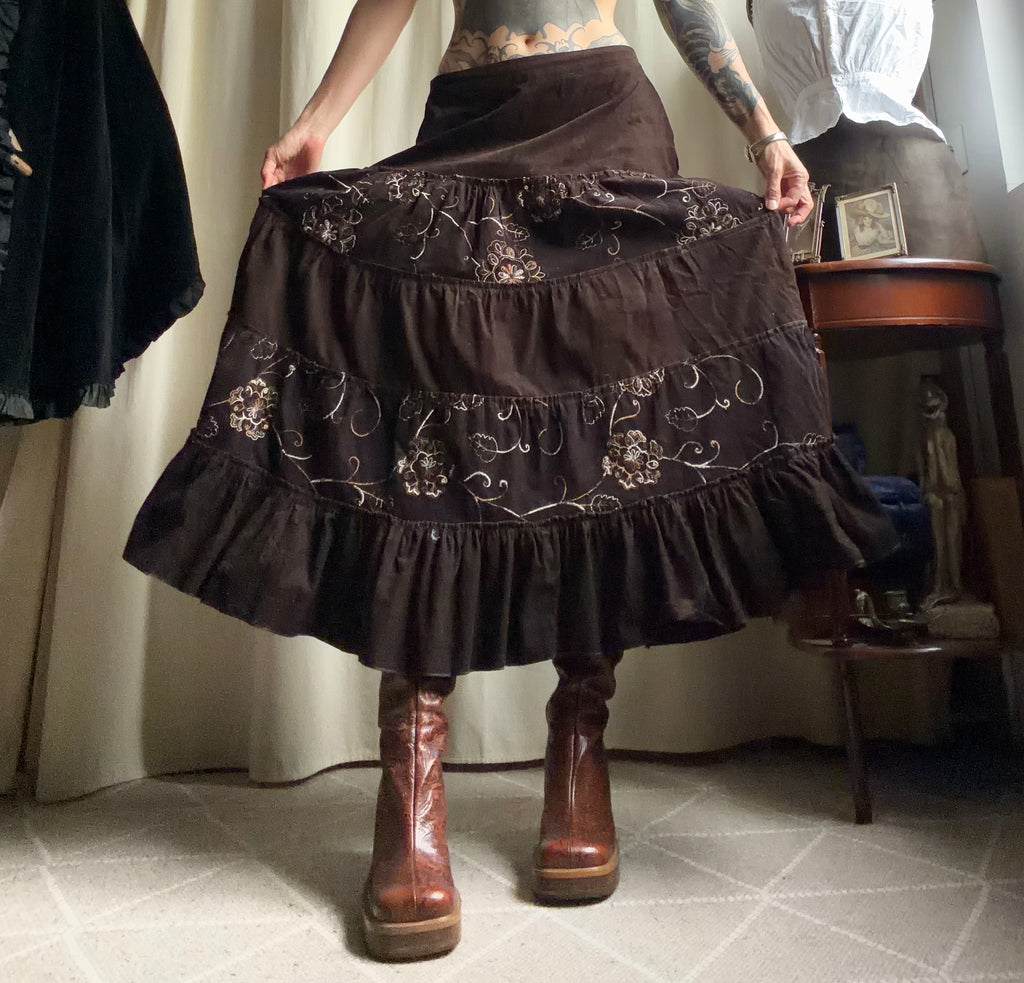 Long brown velvet skirt with floral embroidery whimsigoth boho goth style - size L/XL