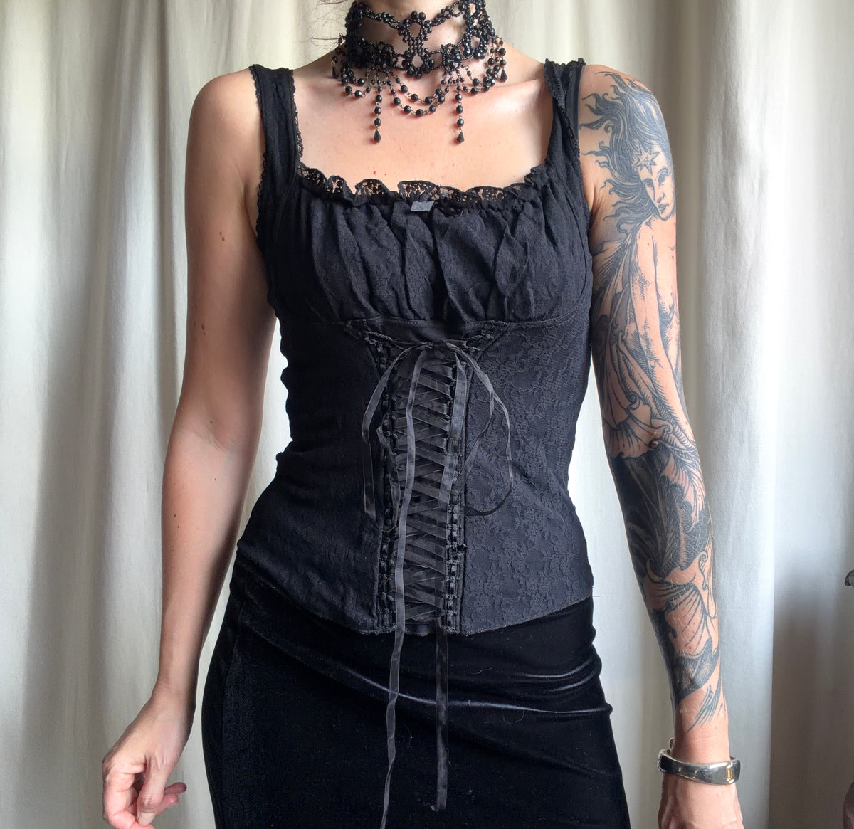 Vampy Goth Black Lace-Up Ribbon Corset Top – Size S/M