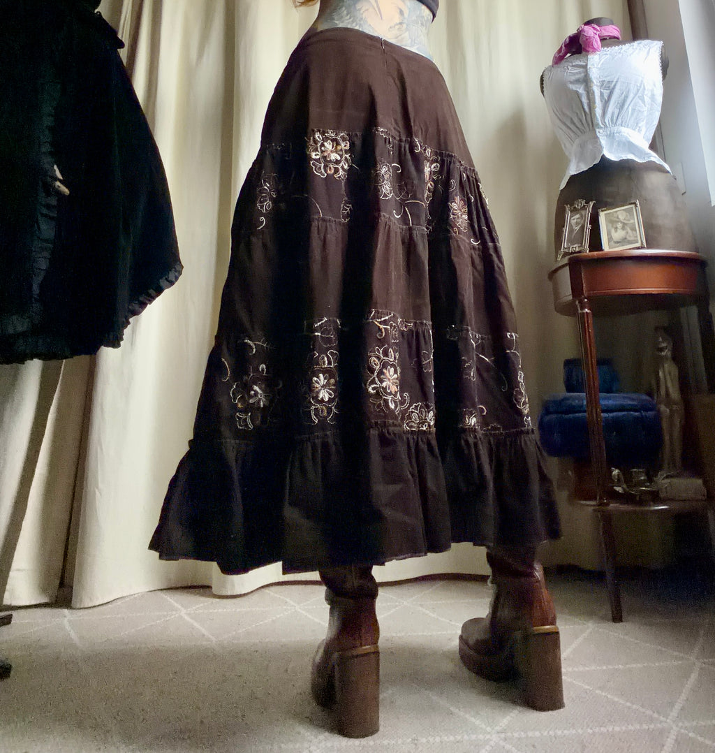 Long brown velvet skirt with floral embroidery whimsigoth boho goth style - size L/XL