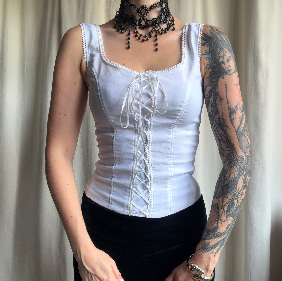Top corset blanc à laçage ruban encolure carrée – taille S/M