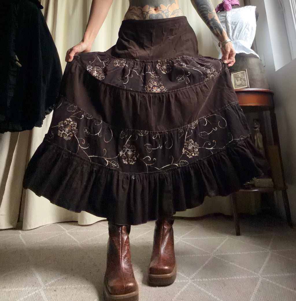 Long brown velvet skirt with floral embroidery whimsigoth boho goth style - size L/XL